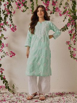 ADA - Ethnic Motifs Hand Embroidered Lucknowi Chikankari Sea Green Cotton Kurta