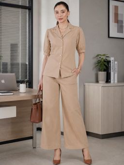 WineRed - Women Beige Solid Puff Sleeves Co-ord Set