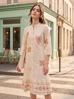ZUMMER - Women Cream Printed Cotton Midi Dress