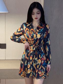 ZUMMER - Women Black Printed Mini Dress with Belt