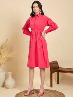 ZUMMER - Women Pink Solid Poplin Shirt Knee Length Dress