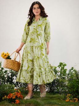 ZUMMER - Women Green Tropical Print Flare Midi Dress