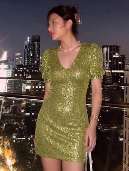 ZUMMER - Women Olive Sequins Bodycon Mini Dress