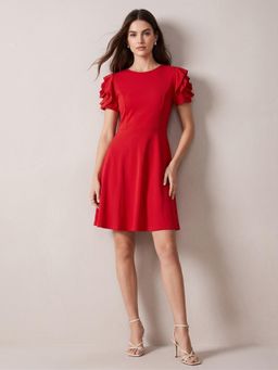 Outzidr - Women Red Solid Flare Dress With Floral Corsages On The Sleeves