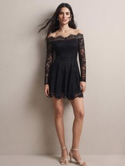 Outzidr - Women Black Self Design Off-Shoulder Mini Dress
