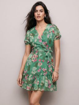 Outzidr - Women Green Floral Mini Dress With Belt