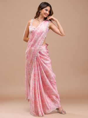 Pink Printed Satin Saree With Unstitched Blouse Piece