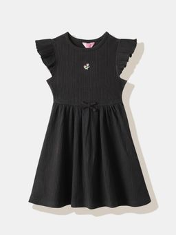 R&B - Black Ribbed-Knit A-Line Dress With Ruffled Sleeves & Embroidered Floral Detail