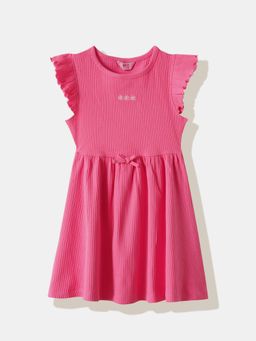 R&B - Pink Ribbed A-Line Dress With Ruffled Sleeves & Embroidered Floral Detail