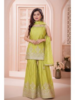 Lagorii - Green Bandhani Sharara with Dupatta and Kurti Golden Embroidery