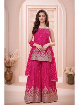 Lagorii - Pink Bandhani Sharara with Dupatta and Kurti Golden Embroidery