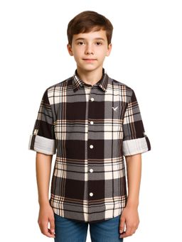CAVIO - Boys Cotton Full Sleeves Checked Shirt Brown