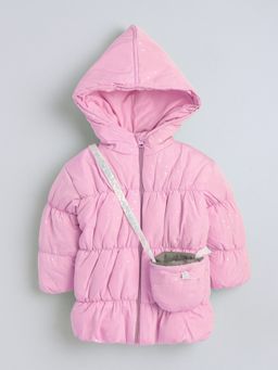 Little Kangaroos - Girls Tafeta Hooded Quilted Jacket with Bag Pink