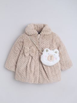 Little Kangaroos - Girls Fur Quilted Jacket with Bag Brown