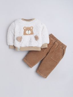 Little Kangaroos - Baby Boys Fur Sweatshirt and Corduroy Pants White