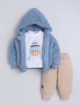 Little Kangaroos - Baby Boys Hooded Fur Sweatshirt with T-Shirt and Pant Blue