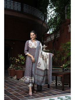 WEAVLLITE - Grey Pure Cotton Block Printed Kurta (Set of 3)