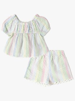 GAP - Multi-Color Kids' Stripes Round Neck Puff Sleeves Top with Short Co-Ord Set