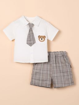 Hopscotch - 2-Pc Plaid Detail Formal Shirt with Shorts & Tie