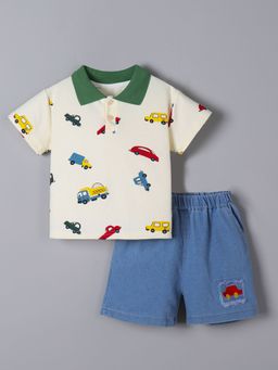 Hopscotch - 2-Pc Vehicle Printed Polo T-shirt with Denim Shorts