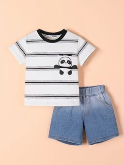 Hopscotch - 2-Pc Striped Panda T-shirt & Denim Shorts