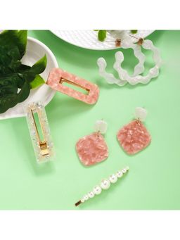 Yellow Chimes - Set of 2 Peach-Coloured and White Geometric Drop Earrings With 3 Hair Clips