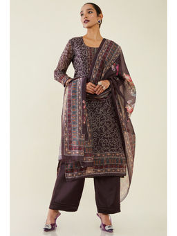 Soch - Women Brown Chanderi Printed Dress Material (Set of 3)