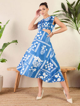 Uptownie - Printed Elasticated Side Cut-Out Midi Dress-Blue