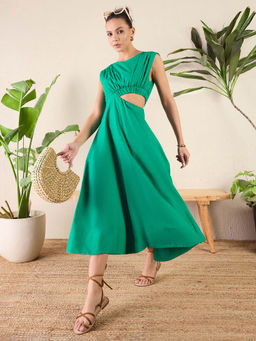 Uptownie - Elasticated Side Cut-Out Midi Dress-Green