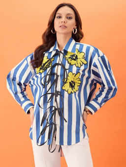 Uptownie - Printed Tie-Up Full Sleeve Sequinned Cotton Shirt