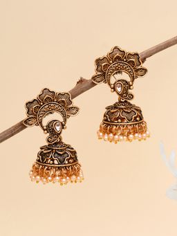 Karatcart - Gold Plated Floral Jhumki Studded with Golden Pearl for Women