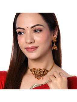 Yellow Chimes - Women Red and Green Gold-Plated Stone-Studded Temple Choker Jewellery Set
