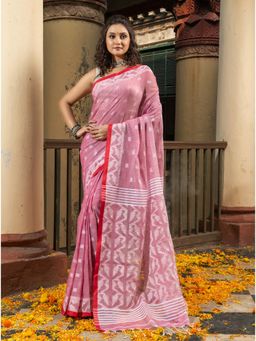 Angoshobha - Mauve All Body Buti Red Border Pallu Jacquard Jamdani Saree with Unstitched Blouse