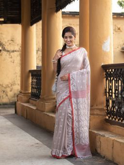 Angoshobha - Mocha All Body Buti Red Border Pallu Jacquard Jamdani Saree with Unstitched Blouse