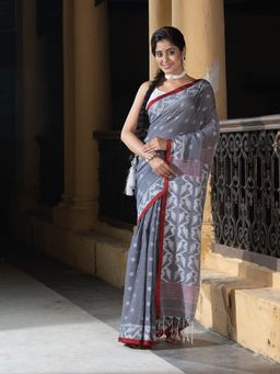 Angoshobha - Grey All Body Buti Red Border Pallu Jacquard Jamdani Saree with Unstitched Blouse