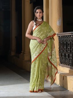 Angoshobha - Lemon All Body Buti Red Border Pallu Jacquard Jamdani Saree with Unstitched Blouse