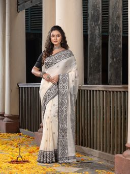 Angoshobha - White All Body Buti Black Jacquard Border Pallu Handloom Saree with Unstitched Blouse