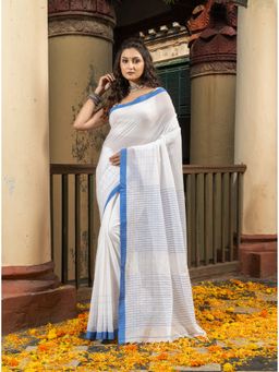 Angoshobha - White Solid Body Stripe Pallu Handloom Saree with Unstitched Blouse
