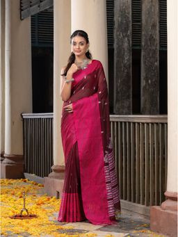 Angoshobha - Maroon All Body Buti Mahapar Border Jamdani Saree with Unstitched Blouse