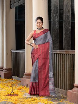 Angoshobha - Grey All Body Buti Mahapar Border Jamdani Saree with Unstitched Blouse
