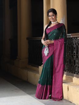 Angoshobha - Bottle Green All Body Buti Mahapar Border Jamdani Saree with Unstitched Blouse