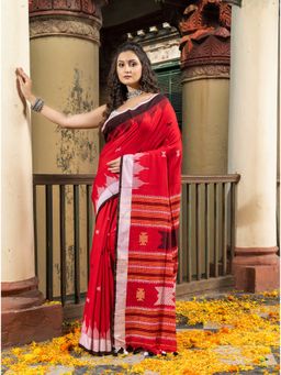 Angoshobha - Red Temple Border Design Pallu Handwoven Saree with Unstitched Blouse