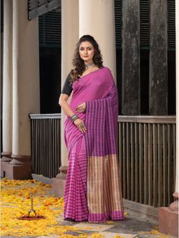 Angoshobha - Pink All Body Stripe Golden Zari Pallu Handloom Saree with Unstitched Blouse