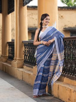 Angoshobha - Blue All Body Jacquard Stripe Handloom Saree with Unstitched Blouse