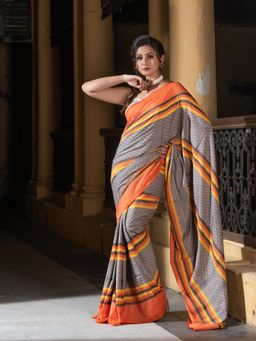 Angoshobha - Beige All Body Jacquard Multi-Color Stripe Handloom Saree with Unstitched Blouse