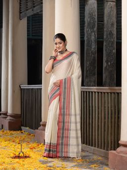 Angoshobha - Sage Green Mahapar Border Stripe Pallu Handloom Saree with Unstitched Blouse