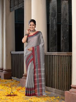 Angoshobha - Grey Mahapar Border Stripe Pallu Handloom Saree with Unstitched Blouse