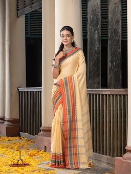 Angoshobha - Sand Yellow Green Mahapar Border Stripe Pallu Handloom Saree with Unstitched Blouse