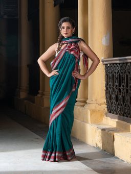 Angoshobha - Rama Green Body Jacquard Border Pallu Stripe Handloom Saree with Unstitched Blouse