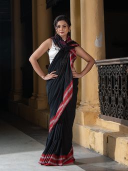 Angoshobha - Black Body Jacquard Border Pallu Stripe Handloom Saree with Unstitched Blouse